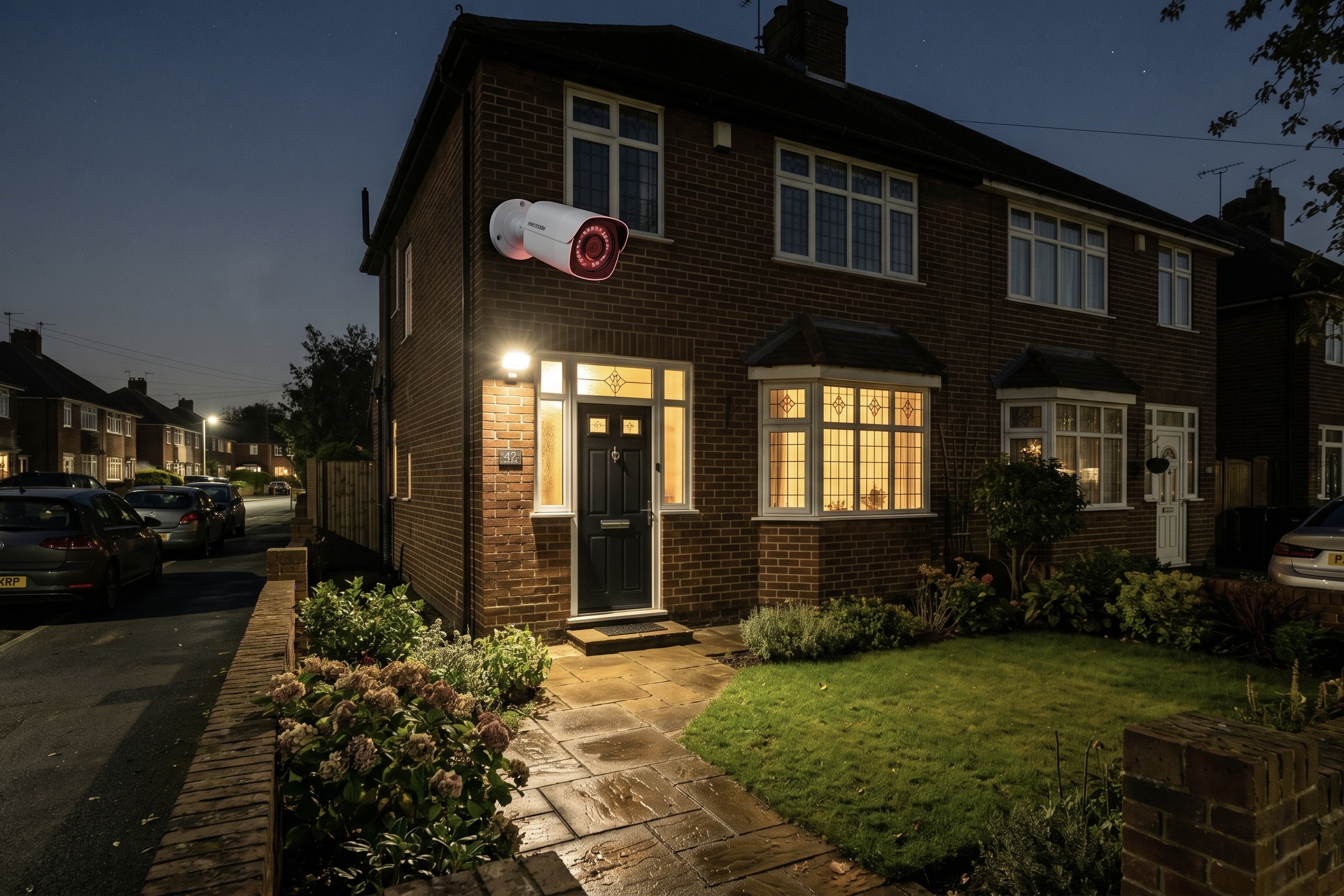 Smart security camera with infrared night vision capturing footage of a garden