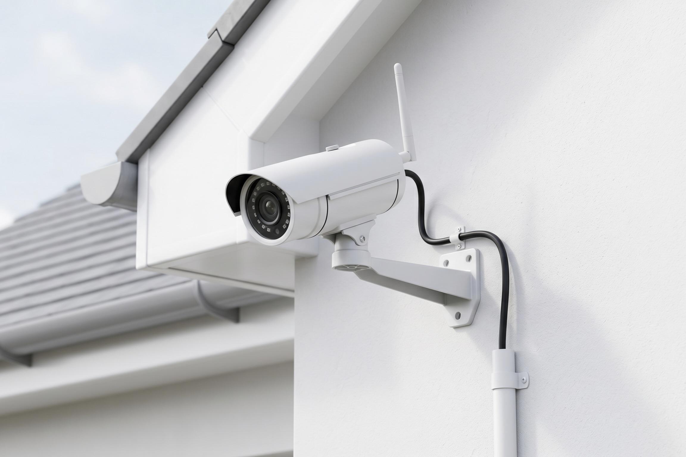 Professional wired CCTV camera mounted on a UK home exterior
